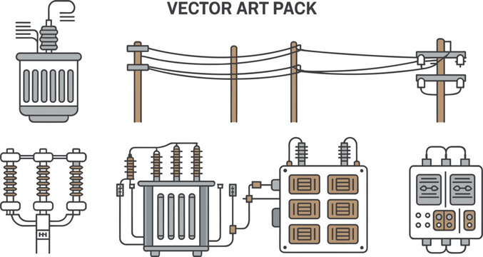 Vector Art Pack of Electrical Power Transmission and Distribution Equipment Keywords: electrical, power, transmission, distribution, transformer, insulator, pole, wire