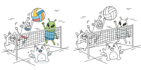Spot the differences educational game for children with cute monsters and aliens playing volleyball, funny cartoon characters sports activity illustration and coloring page © SHOHAG