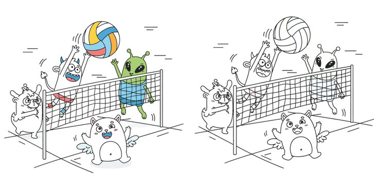 Spot the differences educational game for children with cute monsters and aliens playing volleyball, funny cartoon characters sports activity illustration and coloring page