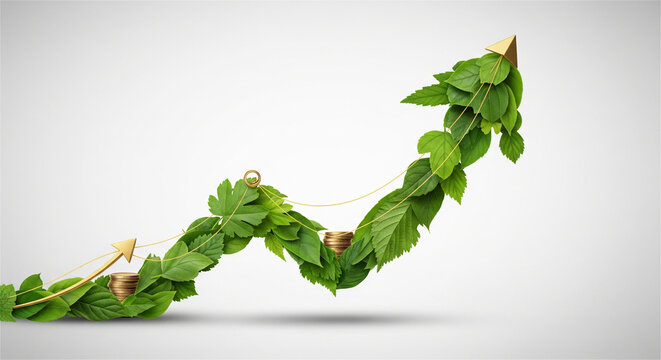 Green arrow graph made of leaves and coins shows financial growth and sustainability.