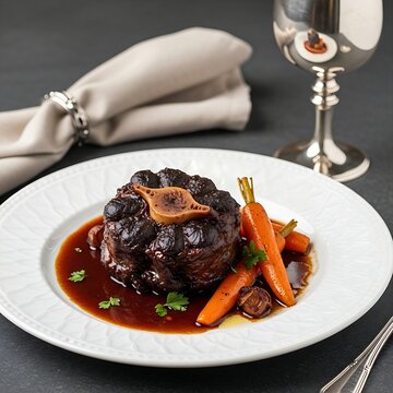 A slow-cooked Rabo de Toro (oxtail stew) served on a sophisticated white porcelain plate. The meat is tender and dark, surrounded by a rich reduction sauce and glazed carrots. A linen napkin and a sil