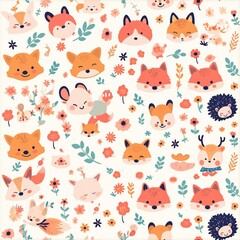 Fototapeta premium A cute seamless pattern featuring various illustrated fox faces, flowers, leaves, and small animals in soft, warm colors on a white background.