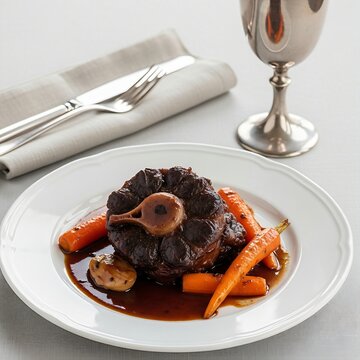 A slow-cooked Rabo de Toro (oxtail stew) served on a sophisticated white porcelain plate. The meat is tender and dark, surrounded by a rich reduction sauce and glazed carrots. A linen napkin and a sil