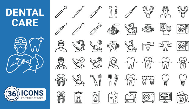 Dental care and dentistry web icons in line style. Dentist, tooth, implant, dental chair, oral hygiene, medical equipment, tools, clinic, and surgery collection. Editable stroke. Vector illustration.