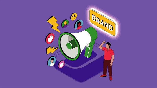 Isometric Brand Promotion and Social Media Marketing Animation: Man Pointing near Large Megaphone with Glowing Brand Sign and Engagement Icons, Seamless Loop.