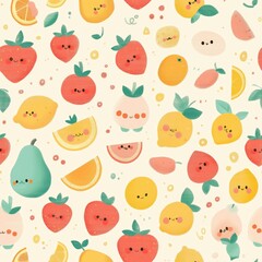 Fototapeta premium Cute seamless pattern of smiling colorful fruit illustrations with leaves on a light background.