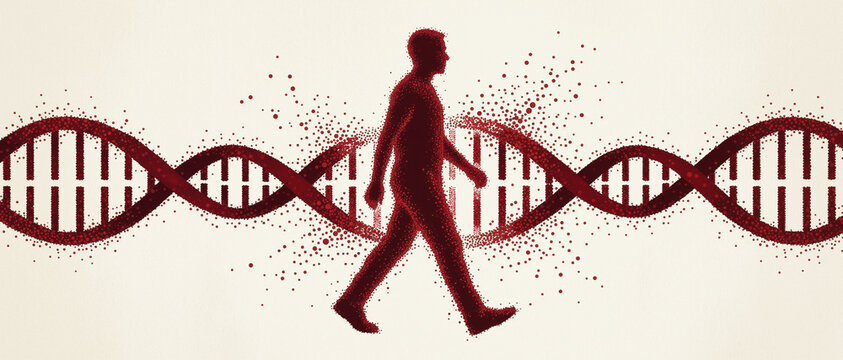Silhouette of a walking person integrated with a DNA strand, symbolizing the connection between human biology and genetics.