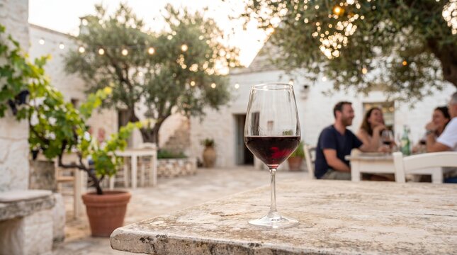 Glass of red wine on a rustic stone table with people dining in a Mediterranean courtyard background