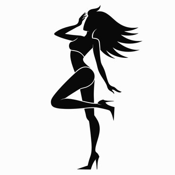 Slinky woman silhouette, dynamic female figure, black vector icon, high-heeled dancer