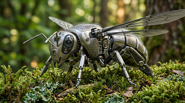 Bioroboter Biodrone Bionik Biorobotics KI Chip, Suchroboter Biomechanisch, Bionische Roboter-Biene auf gr&uuml;nem Moos, Makroaufnahme