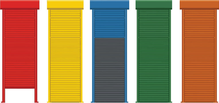 Set of colorful rolling shutters in various positions flat vector design elements for architectural and home security concepts isolated on white background