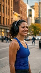 Fototapeta premium Happy Woman Wearing Headphones in Urban Environment