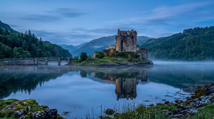 Fototapeta premium Iconic Scottish castle reflected in calm water at dawn with misty mountains