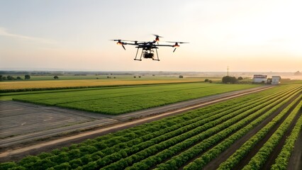 Fototapeta premium High Tech Drone Flying Over A Modern Automated Farm Showcasing Precision Agriculture Innovation And Sustainable Farming Technology In Action