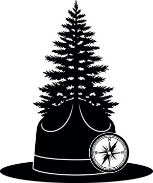 Illustration of a pine tree growing from a backpack with compass