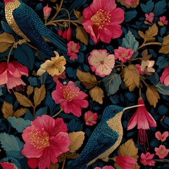 Fototapeta premium A detailed illustration featuring vibrant hummingbirds surrounded by blooming flowers and intricate foliage in deep, rich colors.