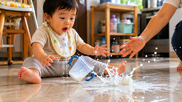 Surprised Asian Toddler Sitting on Kitchen Floor with Spilled Milk Splashing from Dropped Sippy Cup and Mother Reaching Out