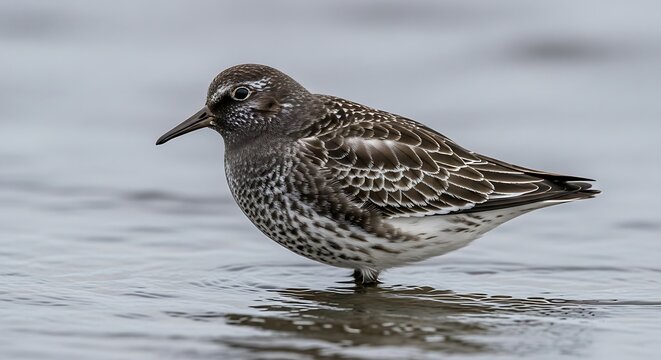 Brown and white sandpiper bird wading in water.