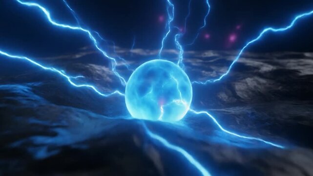 A dramatic 3D rendered slow-motion animation featuring a glowing electric blue plasma sphere resting on a dark, textured terrain
