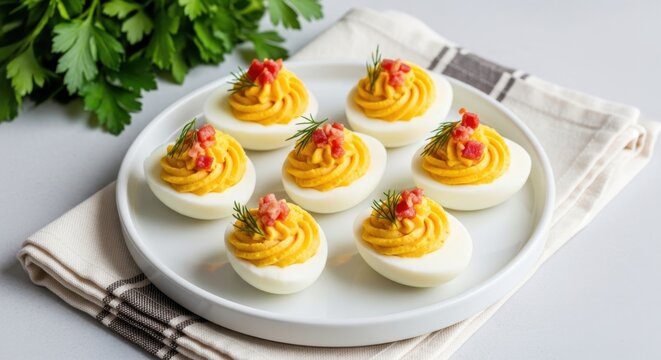 Deviled eggs garnished with dill and bacon bits presented on a white plate with a textured napkin and parsley background