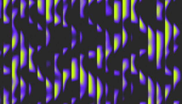 Abstract lime green and purple vertical striped glitch pattern on dark grainy background