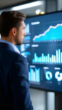 Focused professional examines interactive financial analytics dashboard with real time data visualizations. Scene highlights business intelligence, digital transformation, data driven decision