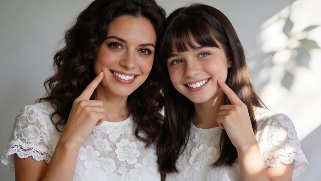 Happy mother and daughter wearing matching white lace dresses pointing at their perfect smiles, family bonding moment showing dental care and healthy teeth concept in bright