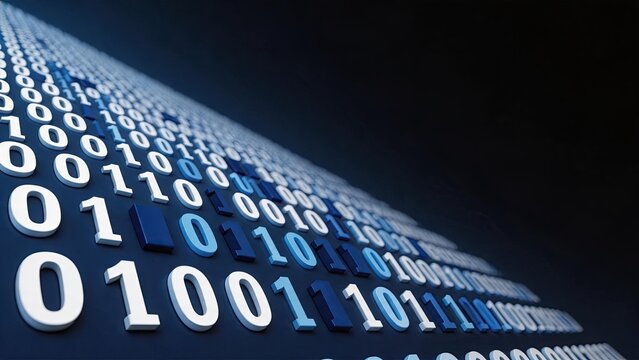 Abstract 3D binary code stream flowing on dark blue background, representing big data, cybersecurity, programming algorithm, digital information network and computer technology