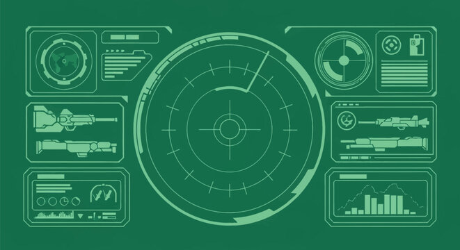 Futuristic green heads-up display HUD interface with central radar scanner, crosshairs, world map, weapon diagrams, data charts, and digital gauges on a tactical green background.