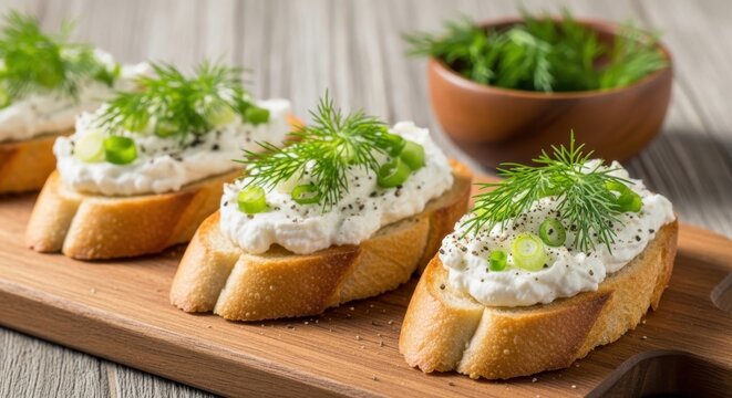 Fresh crostini with creamy cheese, chopped green onions, and dill garnish on a wooden board