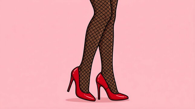 Heels in red color with fishnet tights fashion illustration