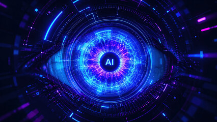Fototapeta premium Artificial intelligence cybernetic eye futuristic interface digital iris biometric scan neural network cyber security data technology blue neon