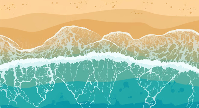 Aerial top view illustration of turquoise ocean waves with white foamy sea spray crashing onto a golden sandy beach, showing coastal shoreline textures and water patterns.