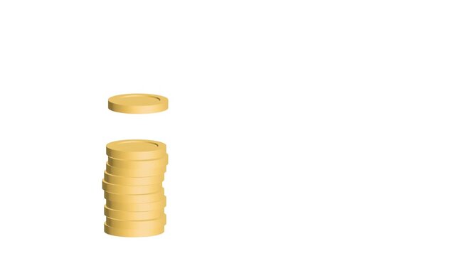 Economic deflation animation with stacking gold coins decreasing lower and red downward arrow, static front view on white background