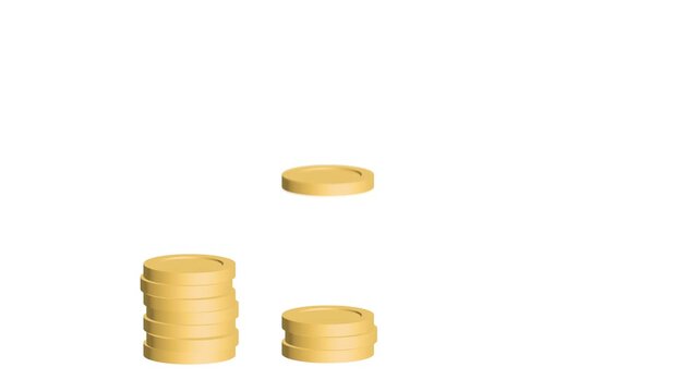 Economic inflation animation with stacking gold coins growing higher and green upward arrow, static front view on white background