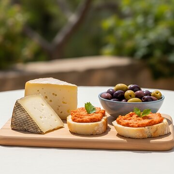 A selection of Balearic appetizers: a wedge of Mah�n cheese, a spread of Sobrassada on rustic bread, and a bowl of local olives. Arranged on a sun-drenched terrace table overlooking a blurred Mediterr
