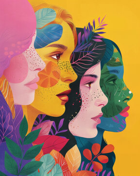 Diverse women profiles with freckles and botanical elements