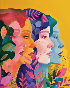Feminine diversity and multicultural community with botanical elements