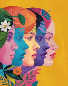Empowered women profiles fused with nature and a white flower