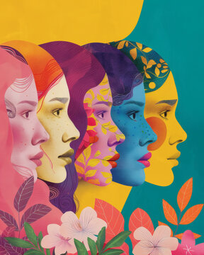 Diverse multicultural women profiles decorated with flowers and leaves