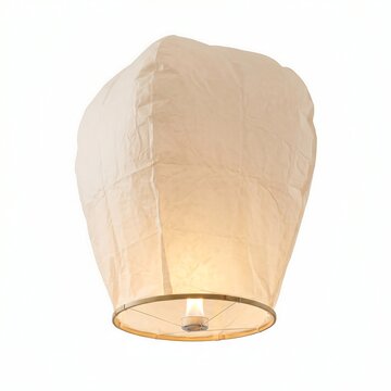 Glowing white paper sky lantern ascending, isolated on a clean white background, evoking peace, hope, and traditional celebration