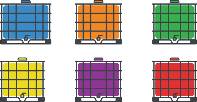 Set of colorful Intermediate Bulk Containers IBC tanks in flat vector design ideal for industrial storage and chemical transport concepts