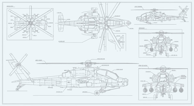 Technical blueprints and diagrams of an advanced attack helicopter, showcasing its intricate design and mechanical components in detailed line art