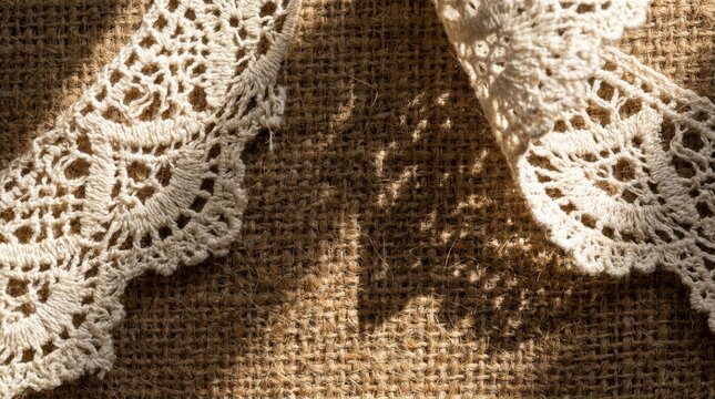 Elegant vintage white lace trim resting on rustic brown burlap fabric with dramatic sunlight and shadows, highlighting textile textures.