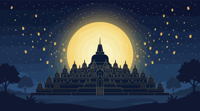 Ancient Borobudur Temple Silhouette Under Full Moon Night Sky.