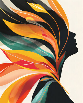 Feminine profile silhouette looking up with vibrant abstract leaves growing upward