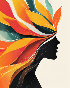 Artistic woman portrait silhouette with colorful petals and leaves