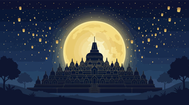 Ancient Borobudur temple silhouetted against a full moon.