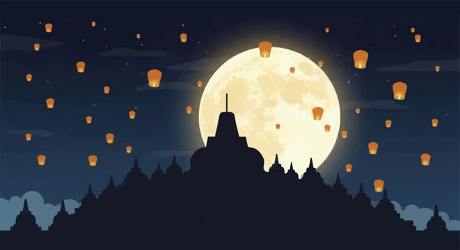 Borobudur Temple Silhouette Against a Full Moon and Lanterns.