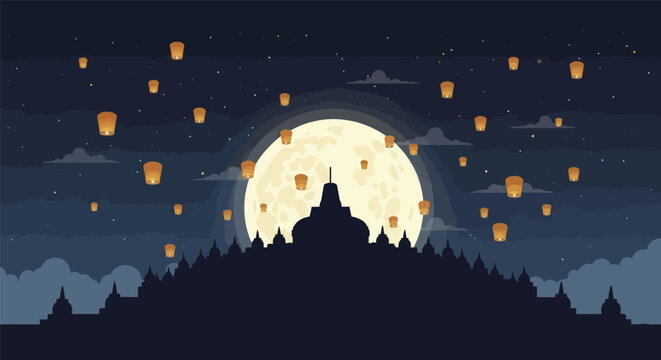 Borobudur Temple silhouette with full moon and flying lanterns.